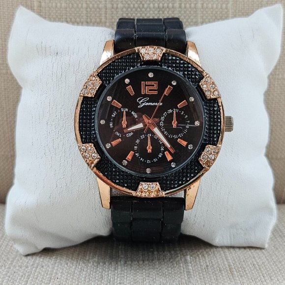 Geneva Fashion Wristwatch Quartz Analog Black Rubber Band Gold Tone Case Watch - Picture 11 of 11